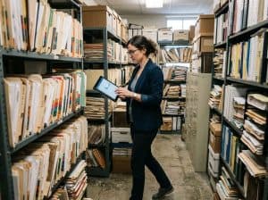 Eine weibliche Person mit Tablet in der Hand geht durch einen Raum voller Akten und Dokumente. 